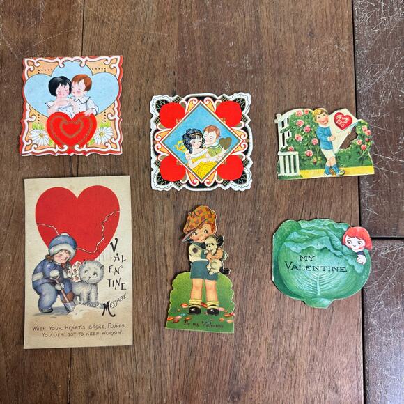 Bundle Lot SIX VINTAGE 1920-1950s Valentine Cards and Post Cards‎ Made in USA - Picture 1 of 9